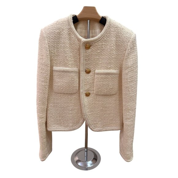 Celine Womens Ivory Boucle Tweed Jacket With Gold Buttons & Front Pockets - Picture 1 of 16